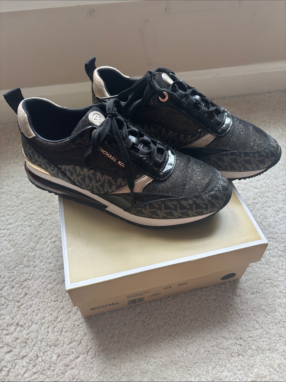 Michael Kors Black and Gold Logo-Print Women's Sneakers